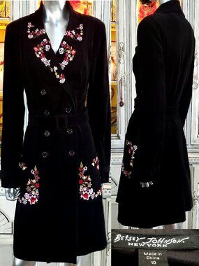 Betsey Johnson New York Vintage Black Floral Ribbed Velvet Trench Coat Jacket 10